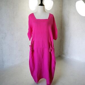 La Maison De Fibres Linen Italy Hot Pink Fuchsia Lagenlook Dress Art To Wear